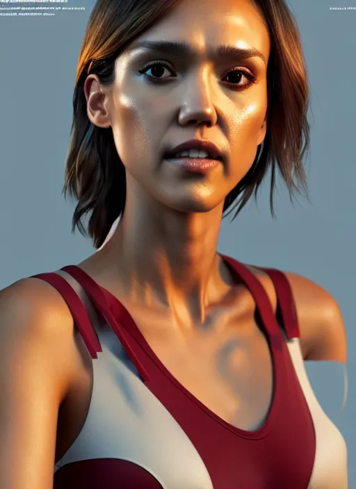 Image similar to Jessica Alba as Aika Agent, posing au naturel, in the art style of Hirokazu Yokohara, Mai Yoneyama, CGIsociety, hyper-detailed, digital art, trending on artstation, cinematic lighting, studio quality, smooth render, unreal engine 5 rendered, Red Giant, Cinema 4D, octane rendered