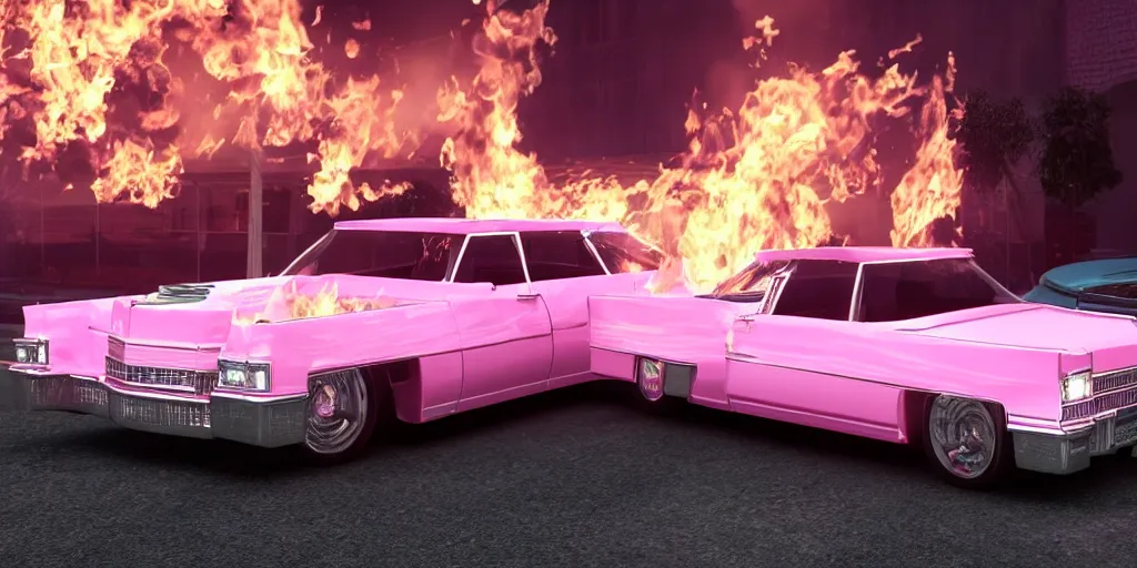 Image similar to a pink cadillac with white stripes on fire, 8k, unreal engine