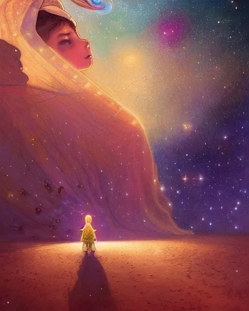 Image similar to bedouin child praying in galaxy walking towards mosque surrounded by nebula, highly detailed, gold filigree, romantic storybook fantasy, soft cinematic lighting, award, disney concept art watercolor illustration by mandy jurgens and alphonse mucha and alena aenami, pastel color palette, featured on artstation