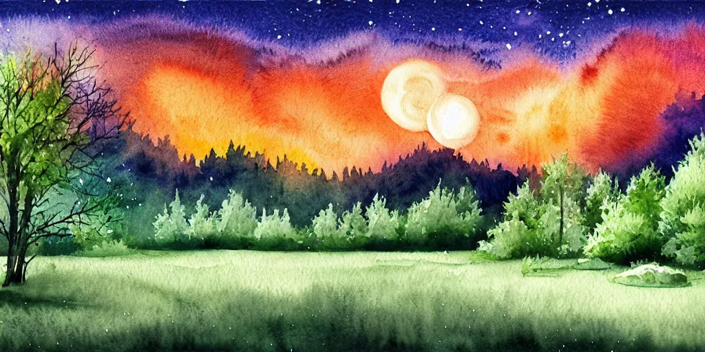 Image similar to nighttime nature landscape, watercolor, ultra realistic, highly detailed, hd, sharp focus, warm colors, realistic, vivid colors, painting, non blurry, sharp, smooth, illustration