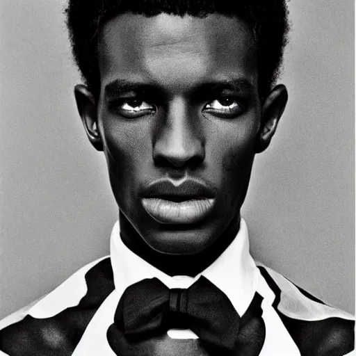 Image similar to the handsome african male model and the black leopard, black and white, by richard avedon,