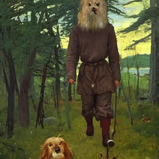 Image similar to Slavic dog head man, woolen torso in medieval clothes, walking in the forest, Orthodox Saint Christopher, oil painting, magic lights, painting by Viktor Vasnetsov, concept art, painting by Valentin Serov, hyperborea, beautiful, high resolution, trending on artstation,