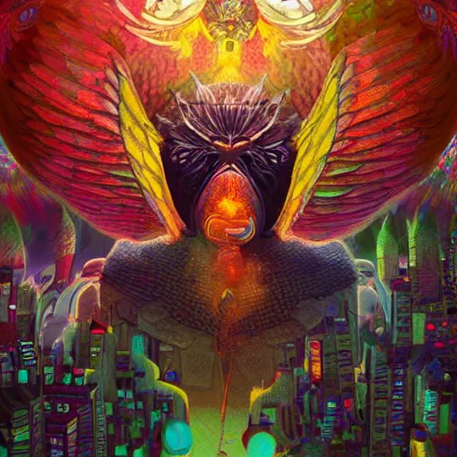 Image similar to 8K headshot Portrait of centered chest up of a psychedelic godlike mothman with giant mandala wings smoking a hand-rolled cigarette smoking heavily , magic mushroom village in background , post-processing , award winning. superb resolution. in the art style of Satoshi Kon and Greg Rutkowski . Detailed Mushroom city in background. Hyper realistic anime. Perfect art. Dalle2