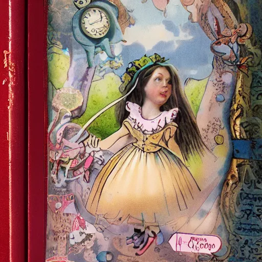 Prompt: victorian alice in wonderland childrens popup book with layers of subjects and depth of field