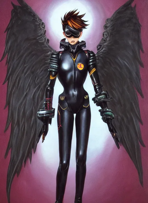 Image similar to full body artwork of tracer overwatch, wearing leather collar, in style of zdzisław beksinski, angel wings, dramatic painting, symmetrical composition, wearing detailed leather collar, black shiny armor, chains, black harness, detailed face and eyes,