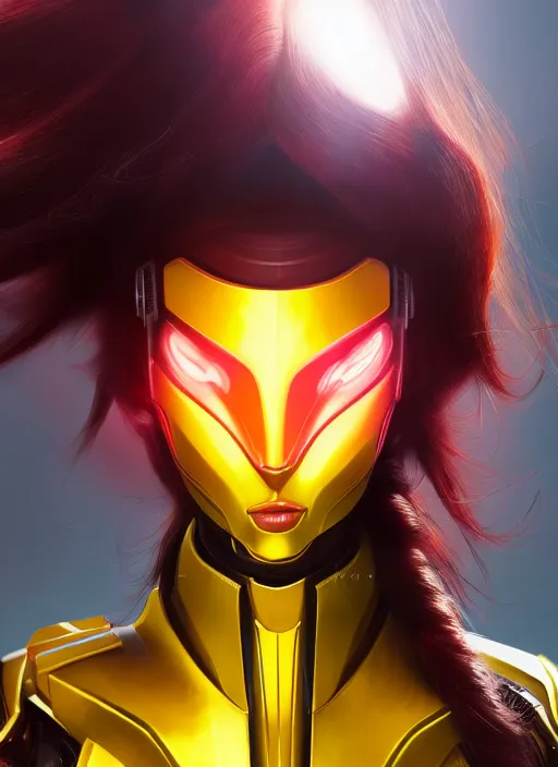 Image similar to detailed portrait of perfect deep red haired girl, android, warframe armor, beautiful, pretty face, yellow cyborg eyes, innocent, scifi, 4 k, sun yunjoo, ultra realistic, aura of light, cinematic lighting, highly detailed, sharp focus, artstation, masterpiece, art by hyungjin yang