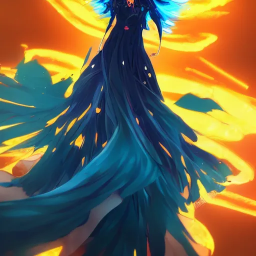 Image similar to a anime woman wearing a dress made out of blue fire , full body, very long black/red hair, one yellow and one blue eye, intense stare, cinematic lighting, medium shot, MCU, very high details, trending on artstation, CSP, Photoshop, WLOP, Rossdraws, James Jean, Andrei Riabovitchev, Marc Simonetti, Anastasia Ovchinnikova, Véronique Meignaud, BEN MAIER and Sakimichan