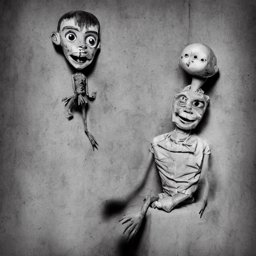 Image similar to creepy ventriloquist dummy in the style of roger ballen, 4 k, bw, portrait