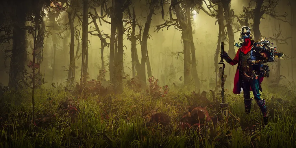 Image similar to inside of strange misty swamp landscape a gamekeeper wearing a steampunk and neonpunk mechanical fluorescent mystical animal mask and red hood. in style of fornite game. night fog,, beautiful render, octane render