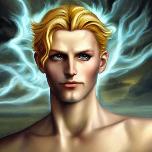 Image similar to A extreme long shot, stunning, breathtaking, awe-inspiring, award-winning, ground breaking, concept art, nouveau painting, of Lucifer, extra-light natural blonde hair, sophisticated well rounded face, bright glowing eyes like LEDs, Lean Body, porcelain looking skin, standing tall invincible over the remains of Heaven, posing as a JoJo character, by Michelangelo, Caravaggio, Dark Fantasy mixed with Socialist Realism, exquisite portrayal, dramatic representation, hyperrealistic picture, atmospheric scene, cinematic, trending on ArtStation , photoshopped, deep depth of field, intricate detail, finely detailed, small details, extra detail, attention to detail, symmetrical, high resolution, 3D, PBR, path tracing, volumetric lighting, golden hour, octane render, arnold render, 8k