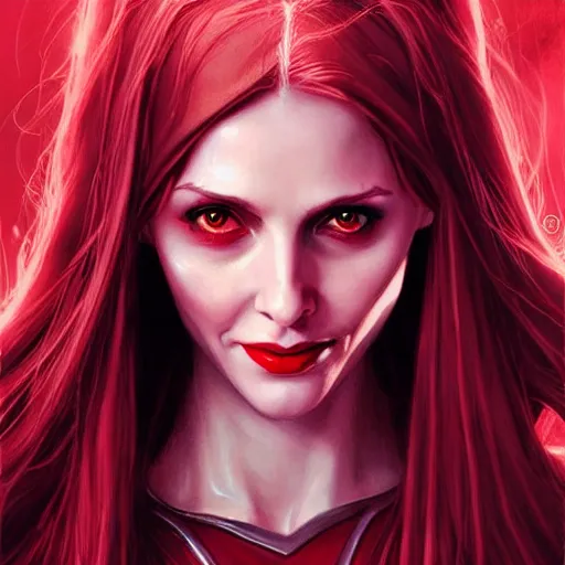 Prompt: Scarlet witch marvel, Sarah Michelle Gellar, evil smile, realistic character concept, medium shot, fun pose, comic book, illustration, slender symmetrical face and body, cinematic lighting, high resolution, Charlie Bowater, Norman Rockwell, symmetrical eyes, single face, insanely detailed and intricate, beautiful