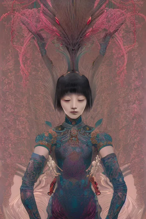 Prompt: portrait full body girl 3 kingdom breathtaking detailed concept art painting art deco pattern of birds goddesses amalmation flowers head thibetan temple, by hsiao ron cheng, tetsuya ichida, bizarre compositions, tsutomu nihei, exquisite detail, extremely moody lighting, 8 k, art nouveau, old chines painting, art nouveau