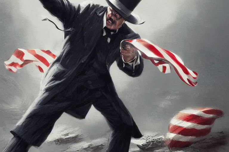 Image similar to uncle sam hitting steven seagal, intricate, elegant, highly detailed, digital painting, artstation, concept art, smooth, sharp focus, illustration, art by greg rutkowski, masterpiece, perfect composition, award - winning photography, cgsociety