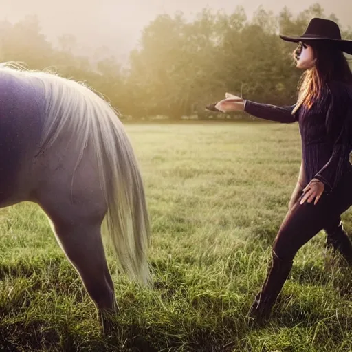 Prompt: a witch transforming people into horses with her magical powers , in a meadow