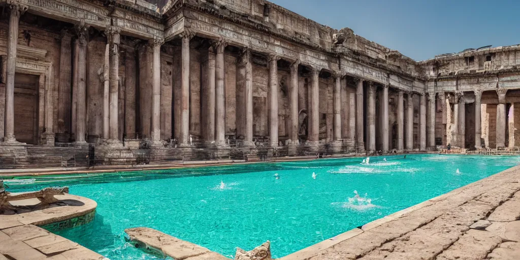 Prompt: a detailed photorealistic picture of an elegant pool in ancient Rome, shot in wide angle, photorealistic lighting, ultra detailed