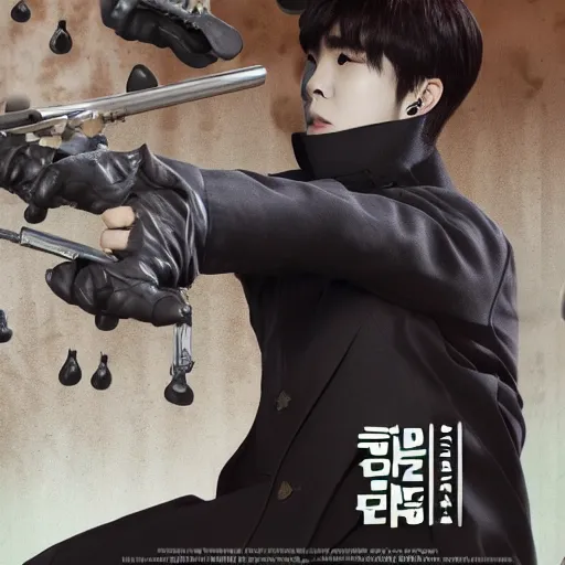 Prompt: nct's kim doyoung playing the role of an assassin with a pill addiction in an imax enabled film, promotional stills, 4 k,