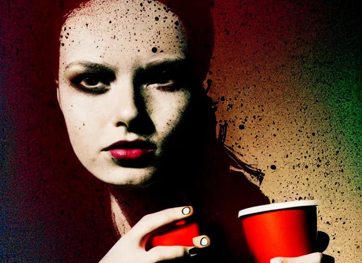 Image similar to portrait of a heroine drinking coffee, (((colorful))),vivid, Mads Berg, Karolis Strautniekas,small finely stippled light, dramatic lighting,film grain, editorial illustration, detailed, gradation, matte print, dynamic composition,moody, cinematic,extreme perspective