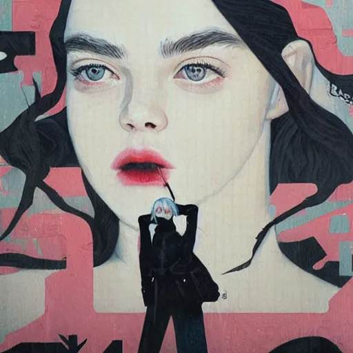 Prompt: Elle Fanning at Normandy D-day picture by Sachin Teng, asymmetrical, dark vibes, Realistic Painting , Organic painting, Matte Painting, geometric shapes, hard edges, graffiti, street art:2 by Sachin Teng:4