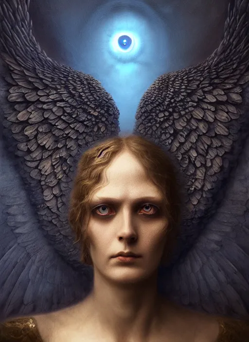 Image similar to Her huge ominous glowing blue eyes staring into my soul , perfect eyes, agostino arrivabene, WLOP, Tomasz strzalkowski, 8k portrait render, raven angel wings, beautiful lighting, dark fantasy art, rococo, gold filigree, cgsociety