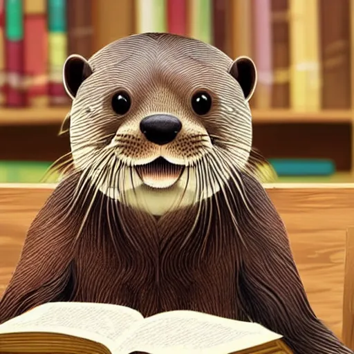 Image similar to a cute otter reading a book at a school desk, hyperrealistic, dynamic lighting