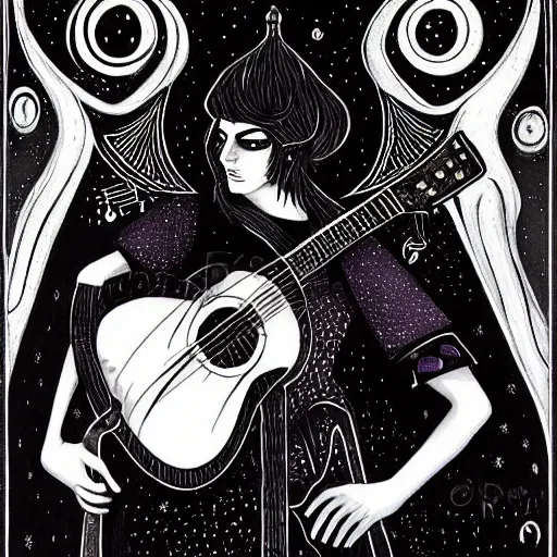 Image similar to black white purple painting on black paper, folkloric illustration , the guitar player , tarot by Andreas Rocha