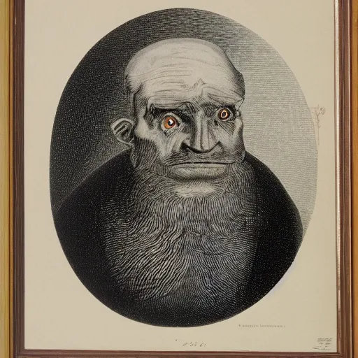 Prompt: a lithograph of an old man with scary eyes