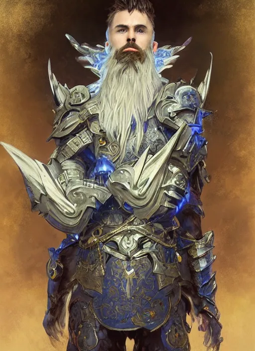 Image similar to A Human Male Paladin, detailed face, glowing white eyes, blue flames surrounding, shaggy hair, scruffy beard, medium armor, wings, fantasy, intricate, elegant, highly detailed, digital painting, artstation, concept art, smooth, sharp focus, illustration, art by Krenz Cushart and Artem Demura and alphonse mucha