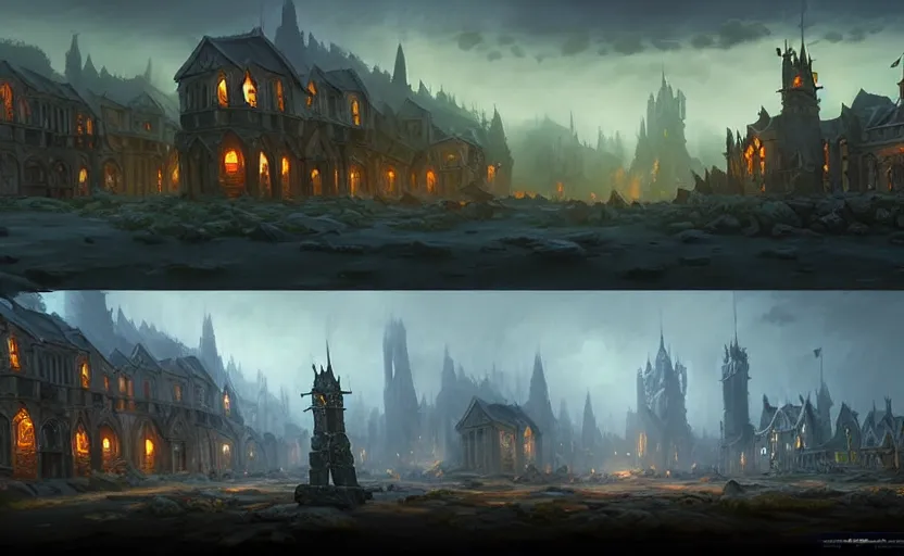 Image similar to extreme long shot concept art depicted old english majestic town, dramatic mood, overcast mood, dark fantasy environment, dieselpunk, art by legends of runeterra and league of legends and arcane, art by tony sart and mauro belfiore, trending on artstation, unreal engine, golden ratio, spectacular composition