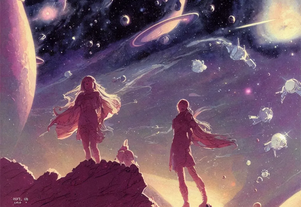 Image similar to illustrated by moebius and greg rutkowski, romantic!!! space scene!! with standing young girl!!!!, orbit of earth!, futuristic orbital station!!!!, nebulae!!, starry sky!!, rule of third!!!!, vintage cover of sci - fi magazine, cinematic!!