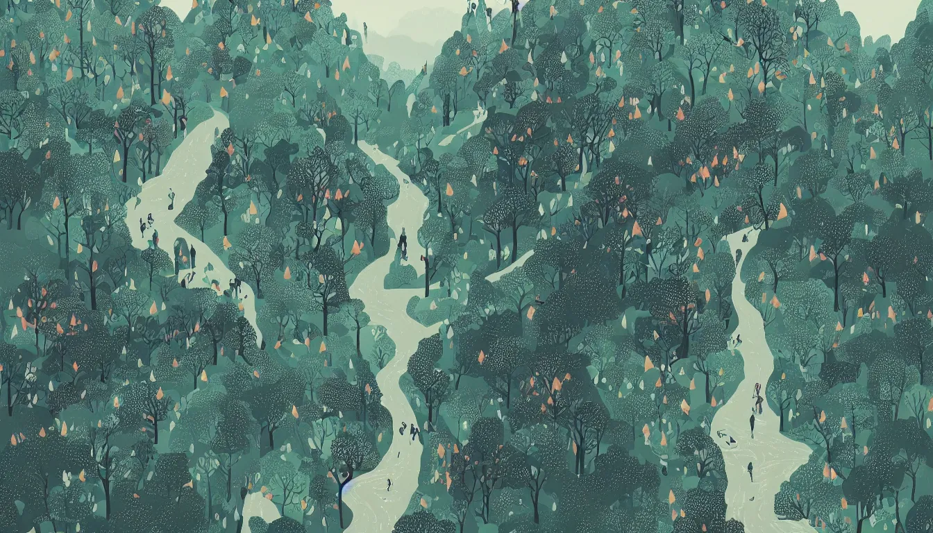 Prompt: mountain forest hiking path by victo ngai