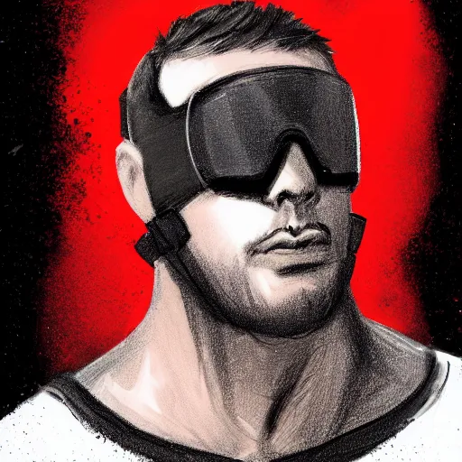 Image similar to sketch of a short stocky buff guy in a plain black t - shirt and cargo shorts, wearing a red ski mask over his entire face, black ski goggles, detailed, dramatic lighting, artstation