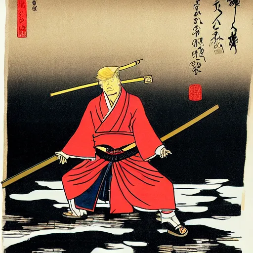 Image similar to donald trump dressed as a samurai holding a katana in a japanese edo period ink block painting, 4 k, hyper realistic, dslr, high resolution, landscape, beautiful