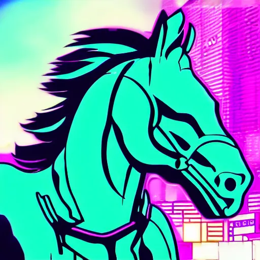 Image similar to A synthwave horse inspired by Tron. Trending on Artstation. Digital screenshot. Faded film grain. 1980s Computer Graphics.