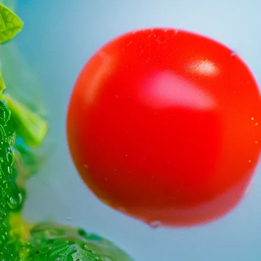 Prompt: rendered tomato next to a cyan pool of water 5 0 mm lens detailed