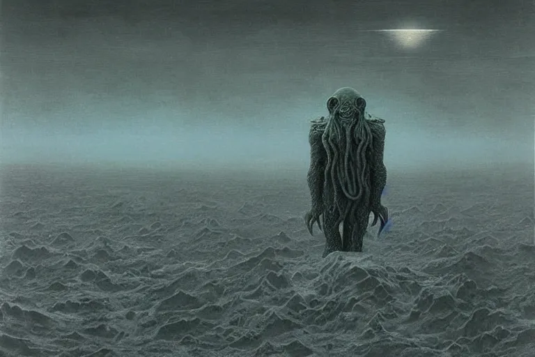 Prompt: Cthulhu on lunar horizon by Zdzislaw Beksinski, photorealistic, 35mm, highly detailed
