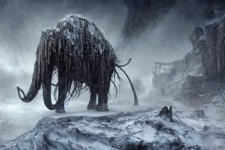 Image similar to a giant steampunk mammoth, post - apocalyptic ice landscape in snowstorm, concept art by hr giger, artstation, highly detailed, digital art