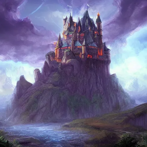 Image similar to a castle on a flying island, masterpiece, flying island on the sky, magic the gathering coloring style, epic fantasy style art, fantasy epic digital art, epic fantasy card game art