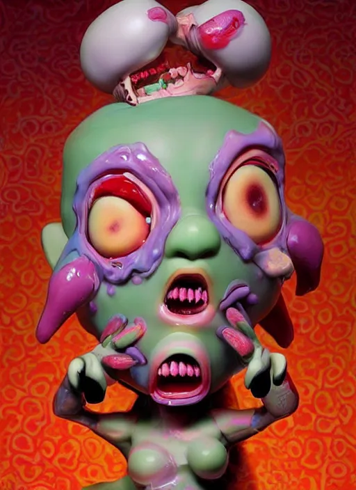 Prompt: a psychedelic hyperrealistic lowbrow oil panting of an enraged grotesque kawaii vocaloid figurine screaming red in the face lunging with rippling muscles and popping veins featured on doom eternal by aardman animation made of gigachad, 👀 👁