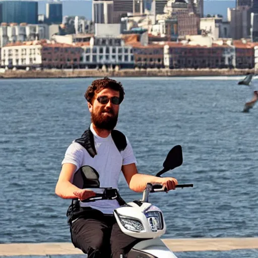 Image similar to A seagull on too of the the head of a man, the man is riding an electric scooter, he has a seagull on his head