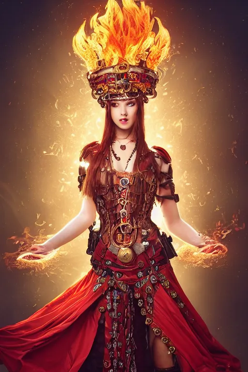 Prompt: a beautiful image of a young woman, steampunk Chandra queen of fire, big google over head, long flowing hair of fire, steampunk costume mostly red and gold young female face, cinematic top lighting, insanely detailed and intricate, face by wlop, Charlie Bowater, golden ratio, symmetric, elegant, ornate, luxury, elite, matte painting, cinematic, trending on artstation, dewviantarta and cgsociety, 8k, high resolution