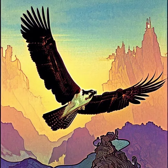 Prompt: an osprey in flight over a spectacular mountain lake at golden hour. art nouveau. surrealism. incredibly beautiful digital art. by alphonse mucha and julie dillon.