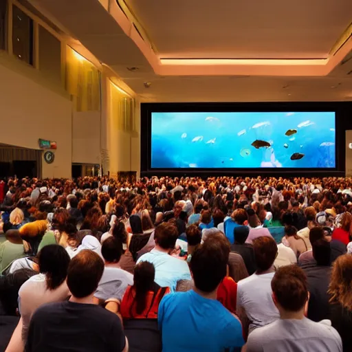 Image similar to cartoon, people listening to presentation on large screen, sitting in a large hall, dim painterly lighting volumetric aquatics, party