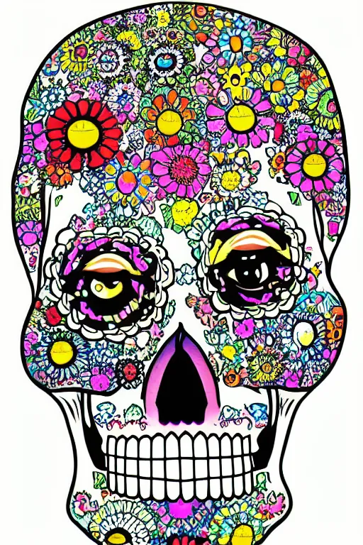 Prompt: illustration of a sugar skull day of the dead girl, art by takashi murakami