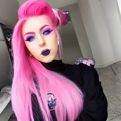 Prompt: an egirl with pink hair and extensive makeup