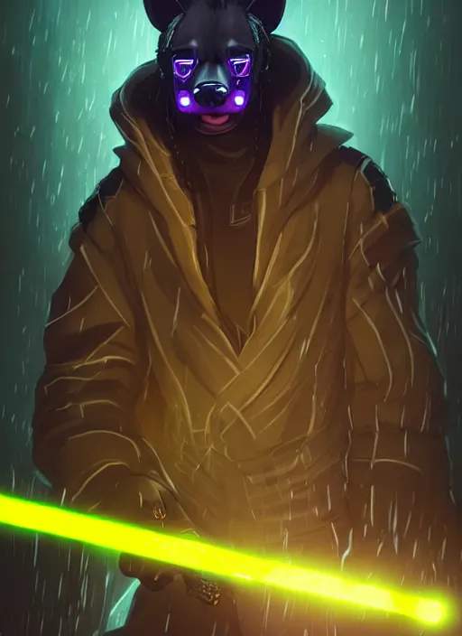 Image similar to beautiful portrait commission of a male furry anthro hyena fursona wearing cyberpunk jedi robes and wielding a yellow lightsaber in his left hand. Cyberpunk city at night in the rain. character design by charlie bowater, ross tran, artgerm, and makoto shinkai, detailed, inked, western comic book art