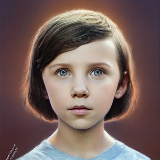 Image similar to Beautiful hyperrealistic detailed matte portrait painting of Millie Bobby Brown kid with short straight hair by andreas rocha and john howe and Martin Johnson