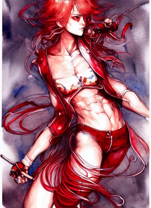 Prompt: fullbody!! ayami kojima lineart, watercolour, gorgeous girl symmetrical face, short red hair, crop top, shorts, dynamic action pose, hyper detailed, character concept, intricate, elegant, digital painting, artstation, smooth, sharp focus