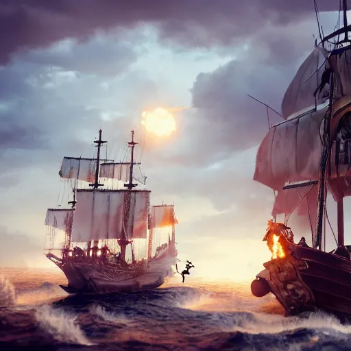 Image similar to pirate ship battle in a bath tub, highly detailed, cinematic lighting, render, fantasy