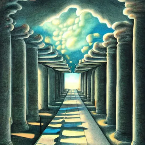 Image similar to childrens fantasy book illustration of a giant hallway and columns which turn into nature and the clouds and sky. highly detailed drawing. surrealism