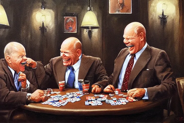 Image similar to don rickles and johnny carson are laughing and playing poker in a smoky old pub, oil painting by wilson mclean, sharp focus, masterpiece, highly detailed